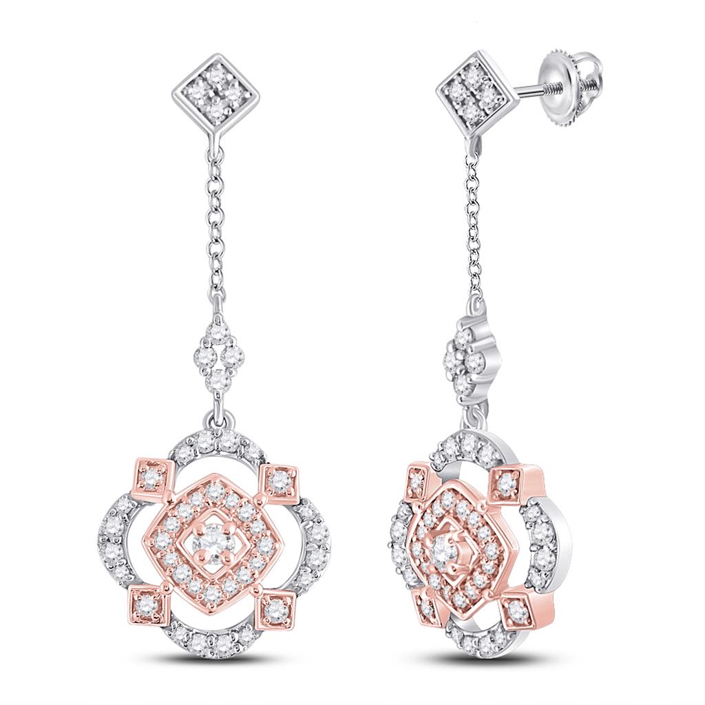 10k Two-tone Gold Round Diamond Offset Square Dangle Earrings 1/2 Cttw