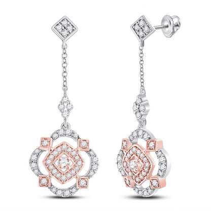 10k Two-tone Gold Round Diamond Offset Square Dangle Earrings 1/2 Cttw