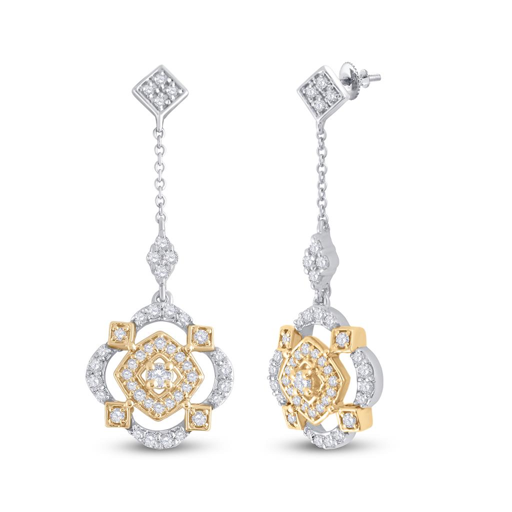 10k Two-tone Gold Round Diamond Offset Square Dangle Earrings 1/2 Cttw