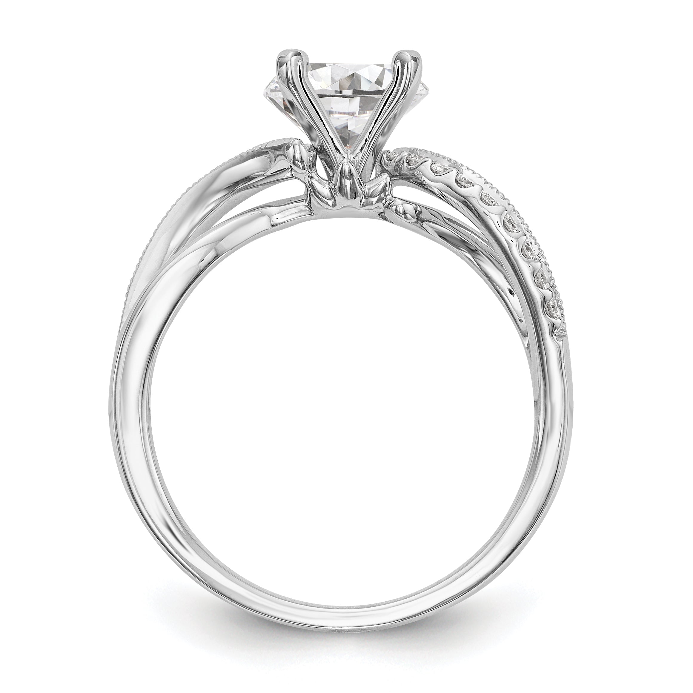 14k White Gold Peg Set Simulated Diamond Criss Cross Engagement Ring
