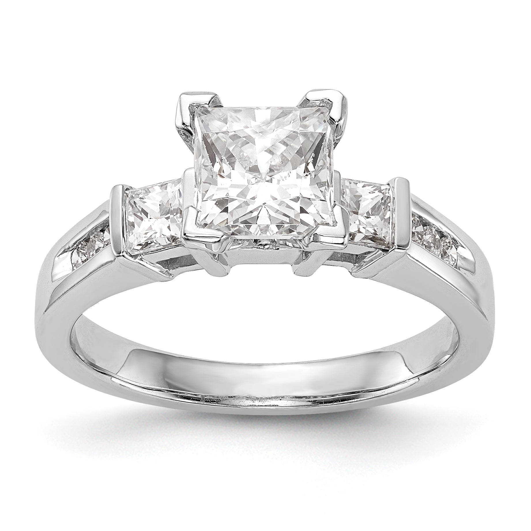 14K White Gold 3 Stone Peg Set Simulated Diamond Engagement Ring