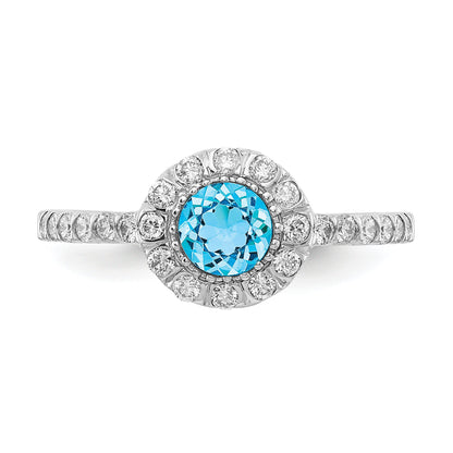 14k White Gold 5mm Blue Topaz Checker A Diamond ring