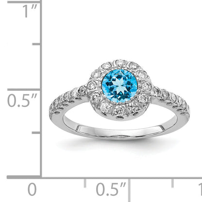 14k White Gold 5mm Blue Topaz Checker A Diamond ring