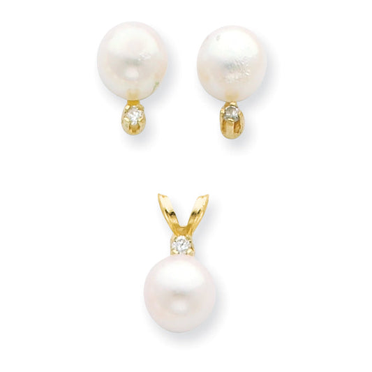 14K 6 7mm Saltwater Akoya Cultured Pearl and Dia. Earrings and Pendant Set