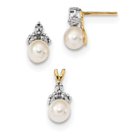 14k 5 6mm White Round FWC Pearl .09ct Diamond Earring/Pendant Set
