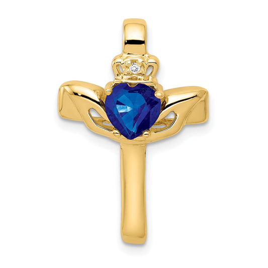 14k 6mm Claddagh Sapphire VS Diamond Cross Pendant
